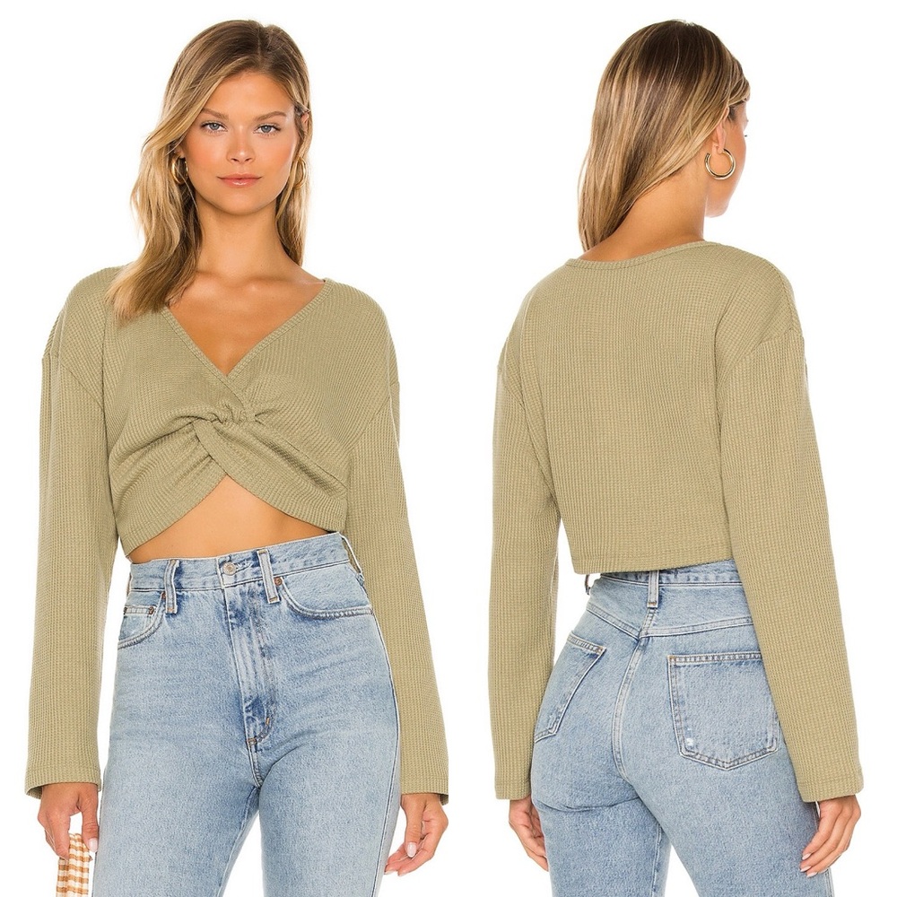 Lovers + Friends Isabel Twist Waffle Top in Olive Green